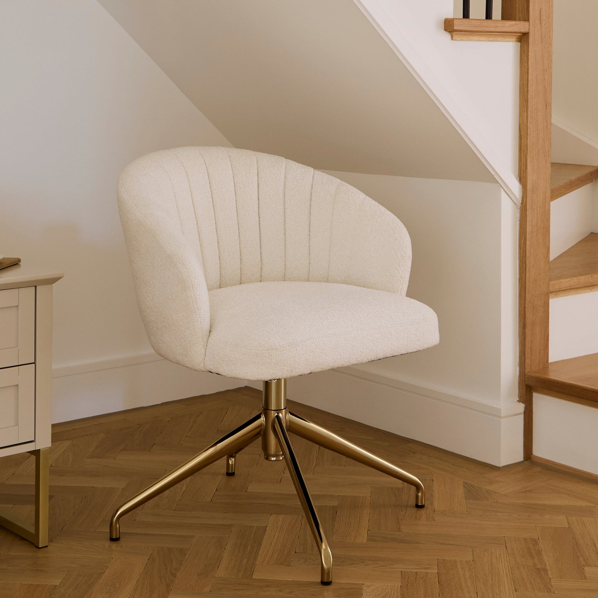 Arabella Office Swivel Chair - Light Beige Boucle with Gold Legs