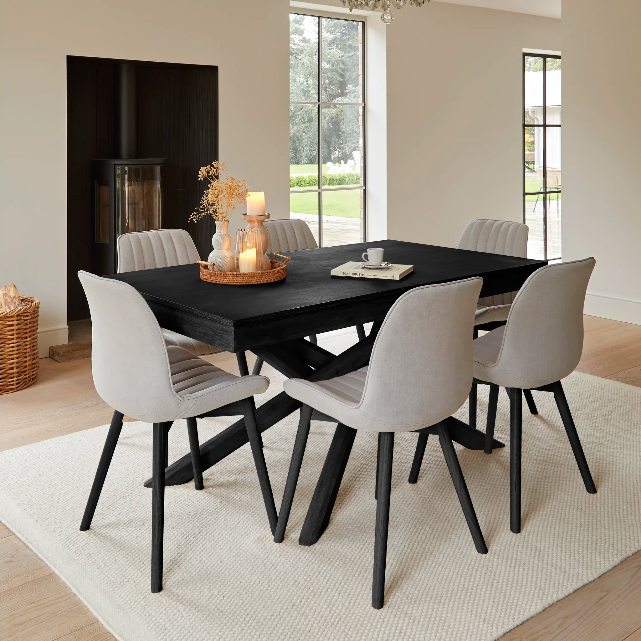 Amelia Black Dining Table Set - 6 Seater - Bella Cloud Grey Dining Chairs - Black Legs