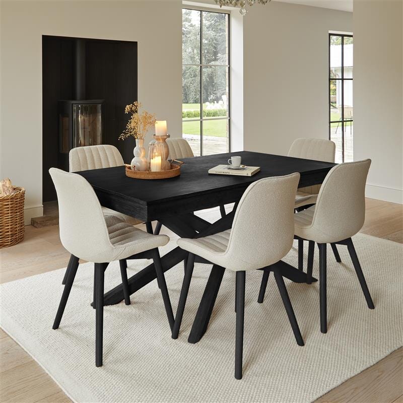 Amelia Black Dining Table Set - 6 Seater - Bella Light Beige Boucle Dining Chairs - Black Legs