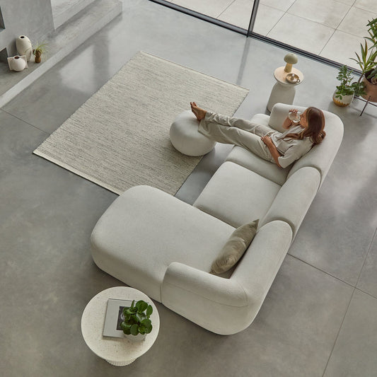 Nathalia Chaise Corner Sofa & Round Footstool Set - Chalk White Boucle