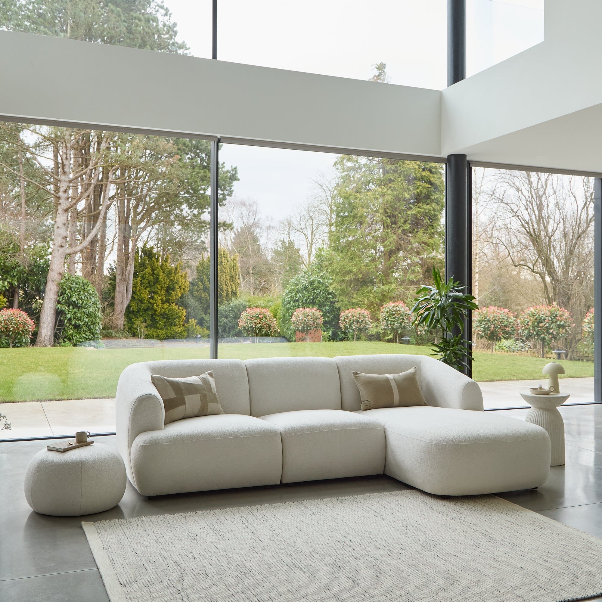 Nathalia Chaise Corner Sofa & Round Footstool Set - Chalk White Boucle