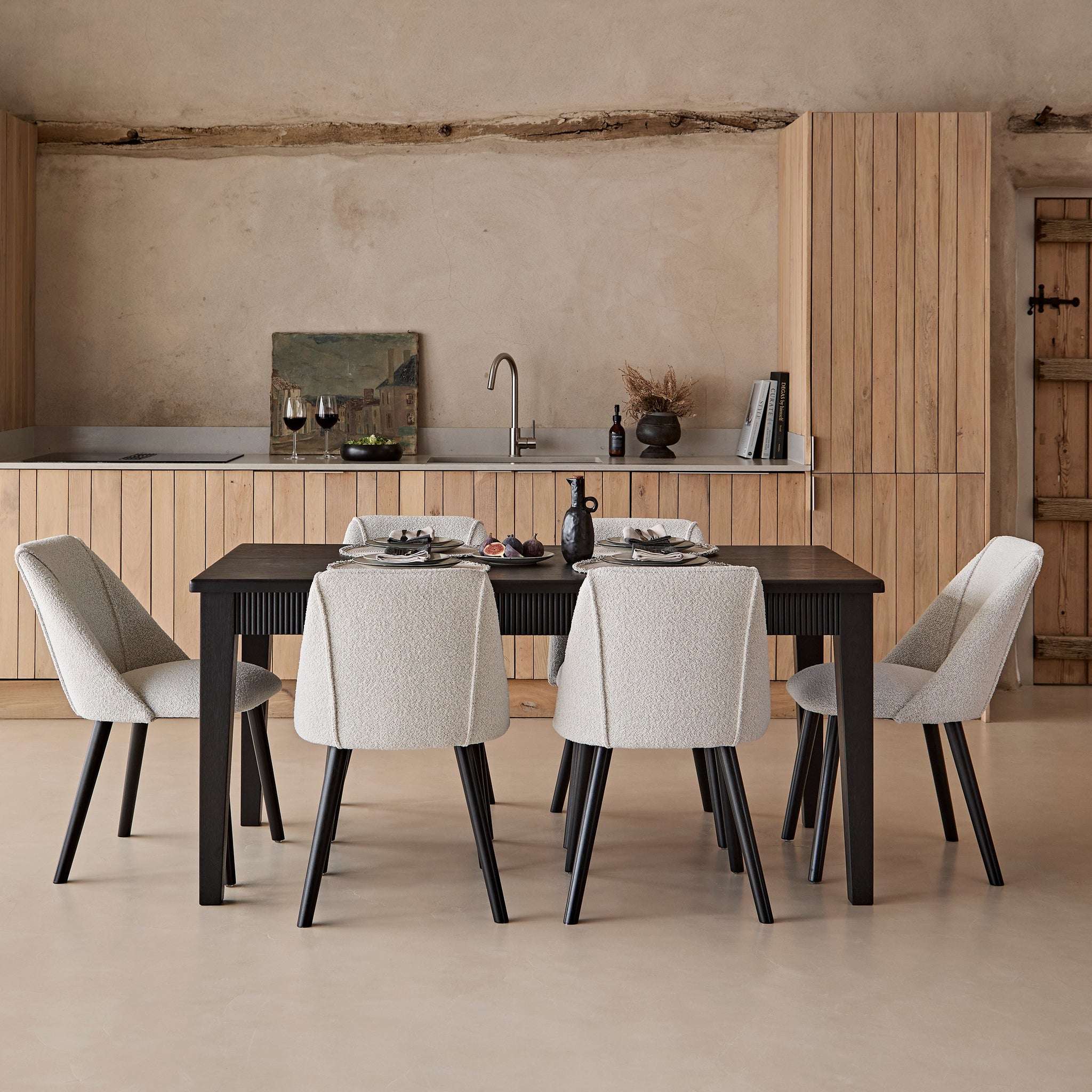 Raleigh Black Oak Rectangular Dining Table Set - 6 Seater - Freya Oat Boucle Dining Chairs - Black Oak Legs
