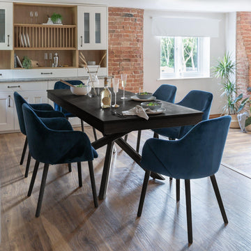 Amelia Black Dining Table Set - 6 Seater - Freya Blue Carver Chairs - Black Legs