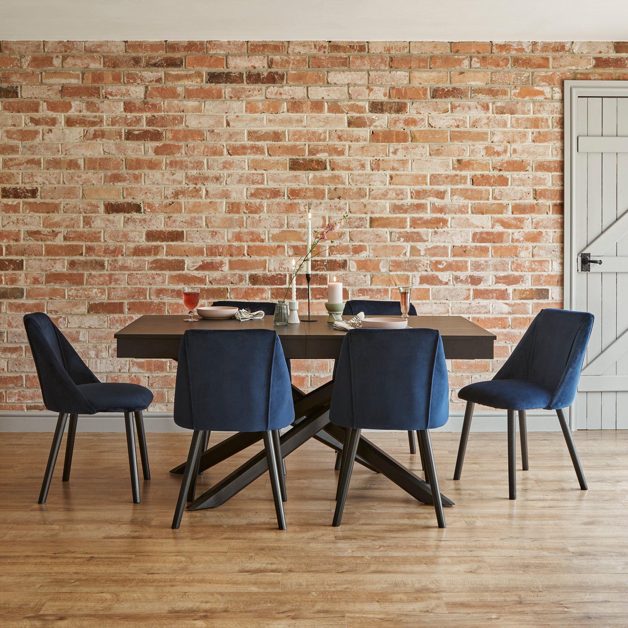 Amelia Black Dining Table Set - 6 Seater - Freya Blue Dining Chairs - Black Legs