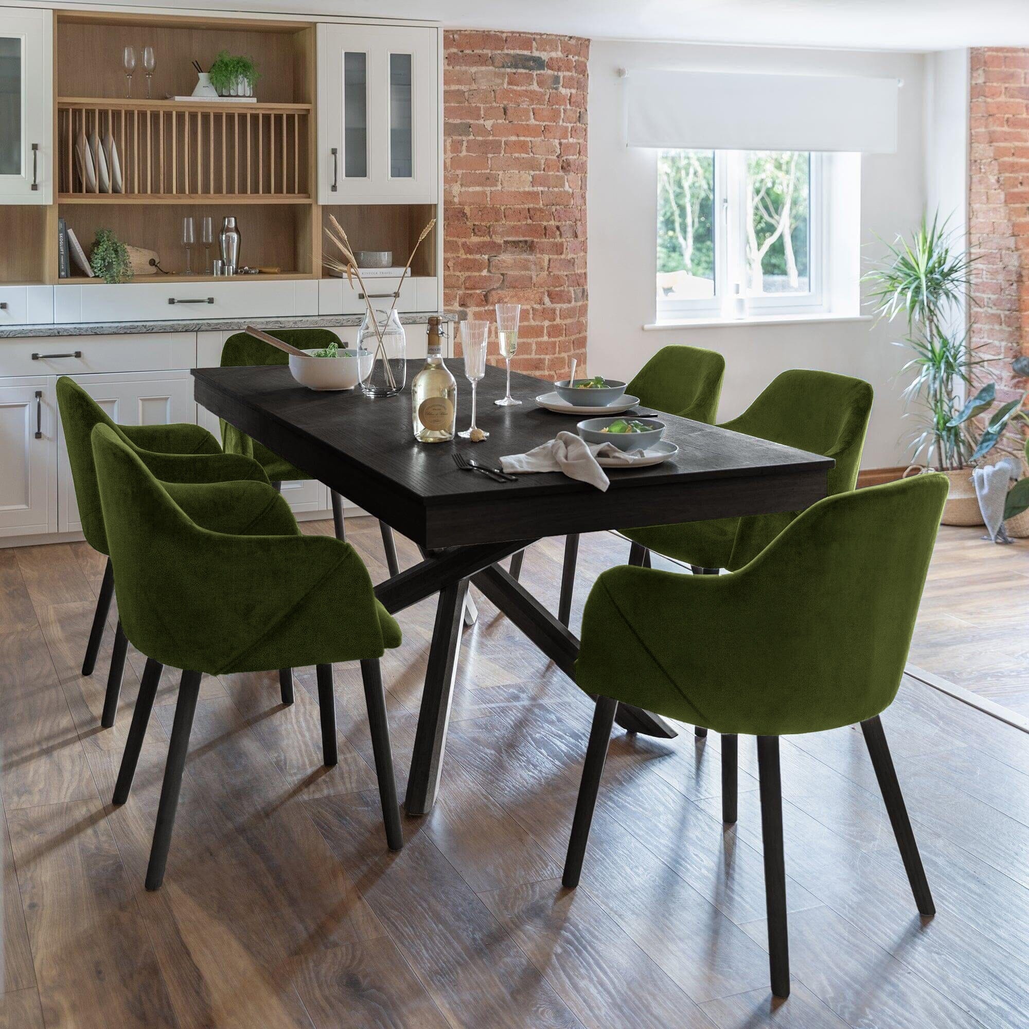 Amelia Black Dining Table Set - 6 Seater - Freya Fern Green Carver Chairs - Black Legs