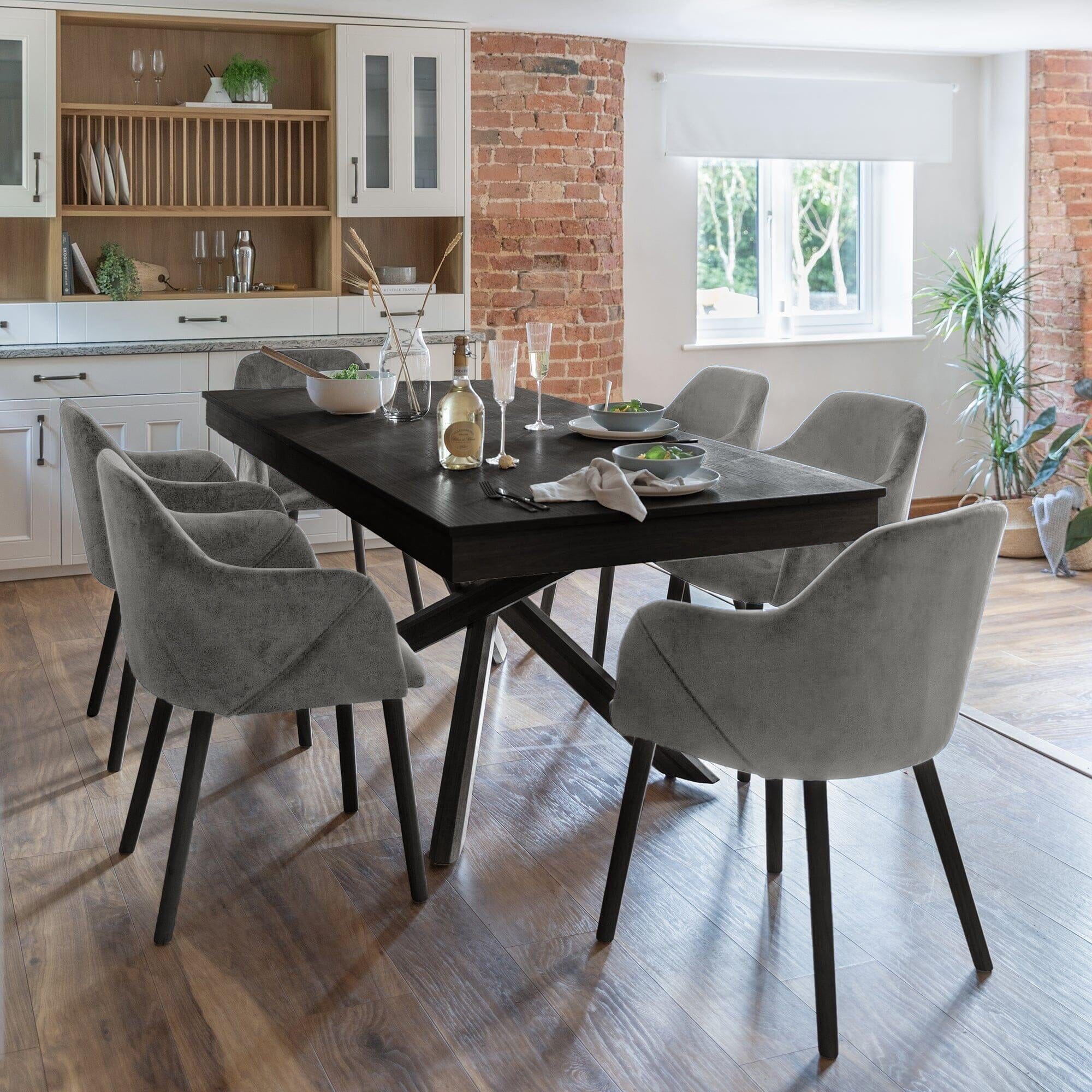 Amelia Black Dining Table Set - 6 Seater - Freya Grey Carver Chairs - Black Legs