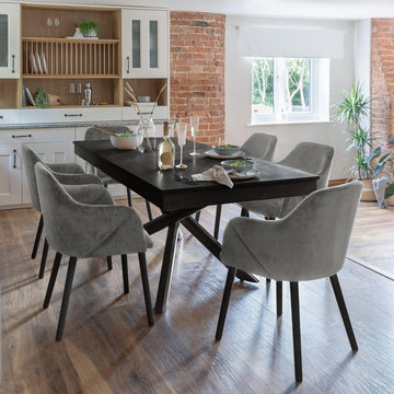 Amelia Black Dining Table Set - 6 Seater - Freya Grey Carver Chairs - Black Legs