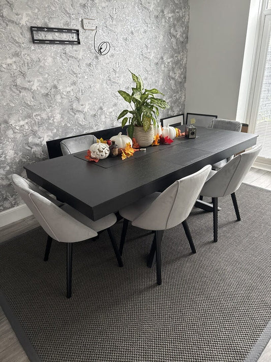 Amelia Black Dining Table Set - 6 Seater - Freya Grey Dining Chairs - Black Legs